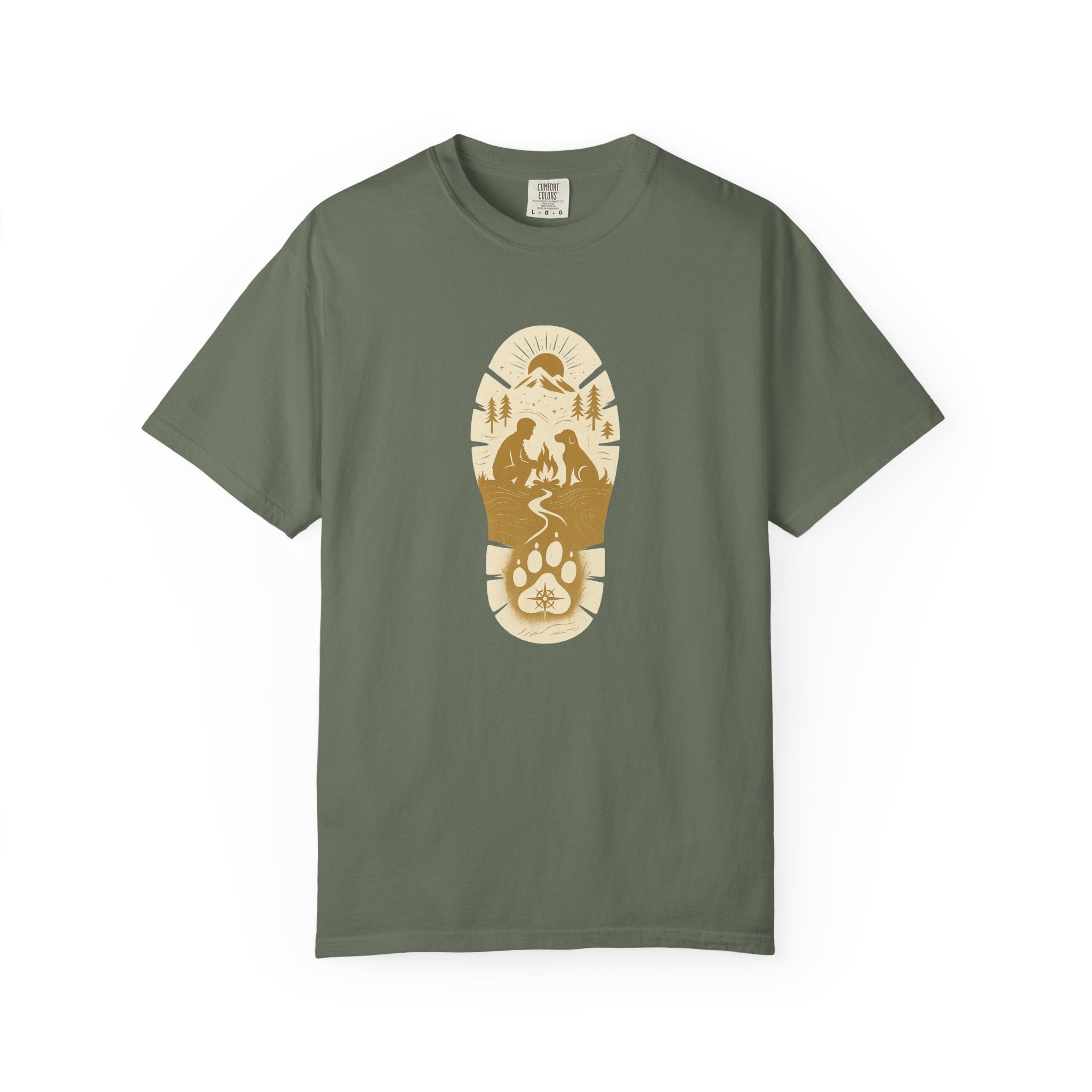 Adventure Pawprint T-Shirt — Mountain Trail Dog Silhouette Graphic