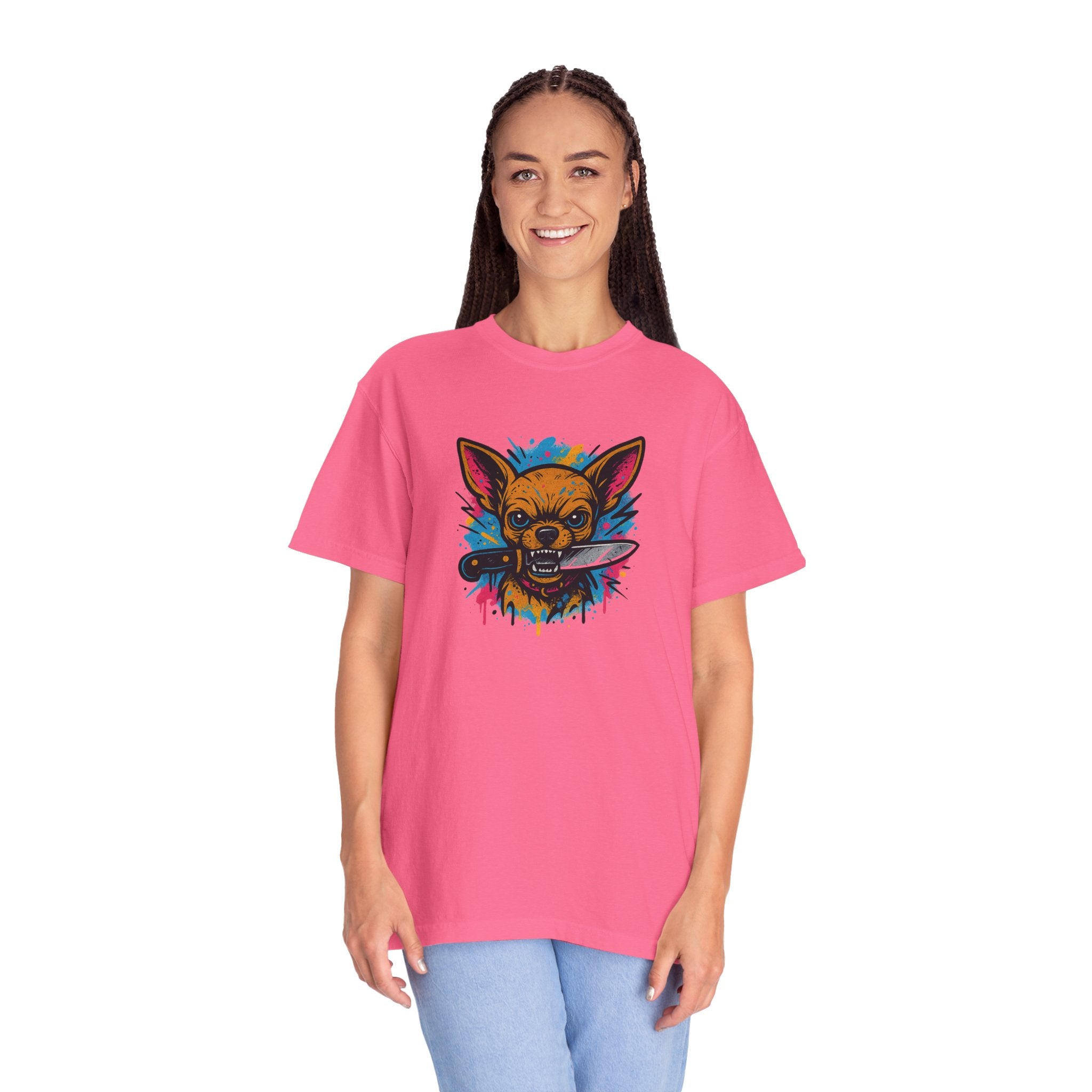 Knife-in-Mouth Chihuahua T-Shirt — Colorful Grunge Fox Graphic Tee