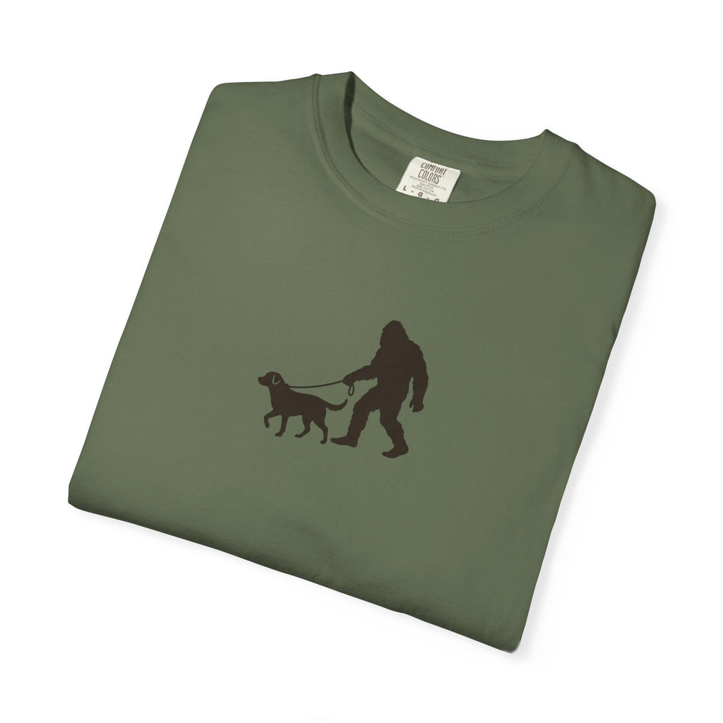 Bigfoot Walking Dog T-Shirt — Sasquatch Silhouette Tee for Cryptid Lovers