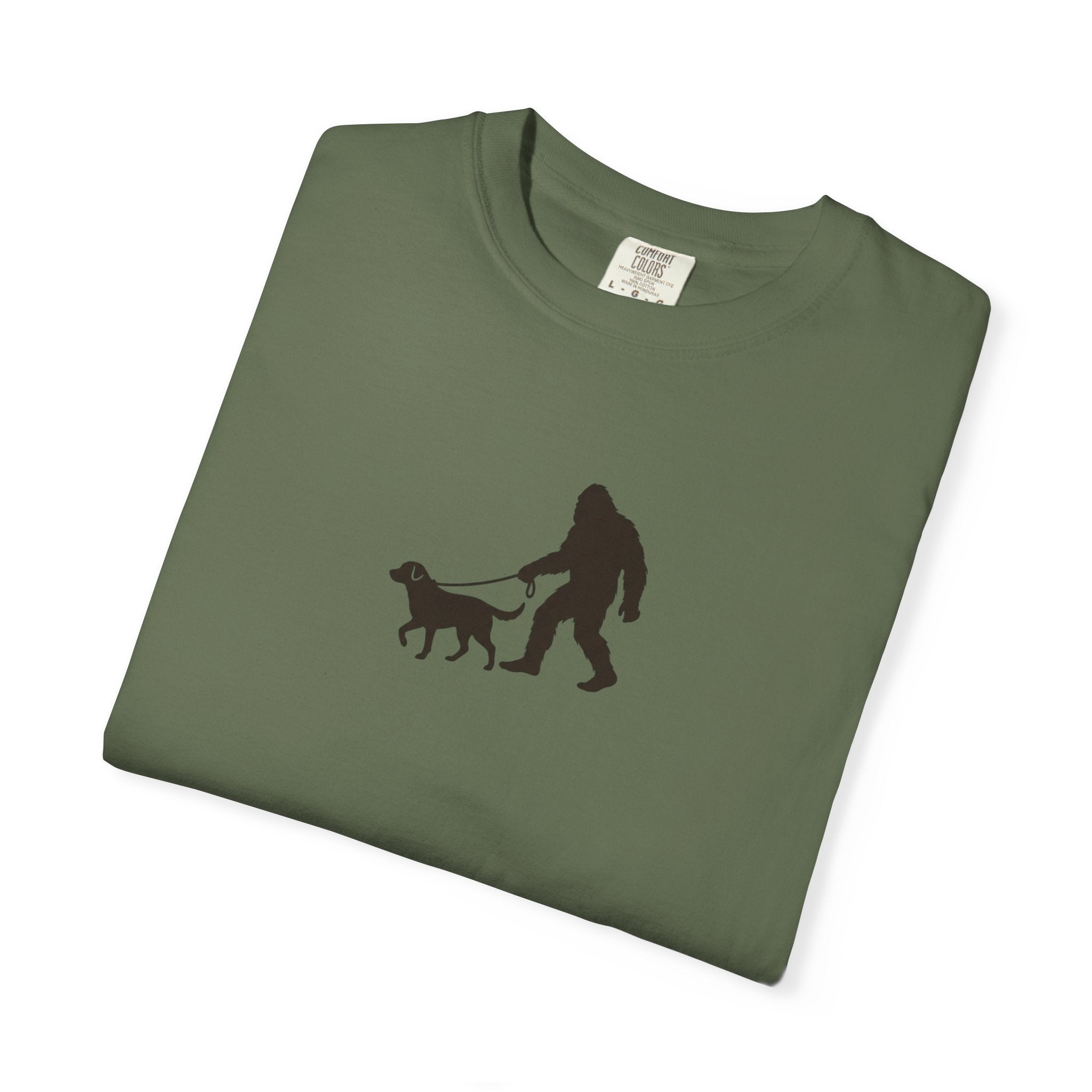 Bigfoot Walking Dog T-Shirt — Sasquatch Silhouette Tee for Cryptid Lovers