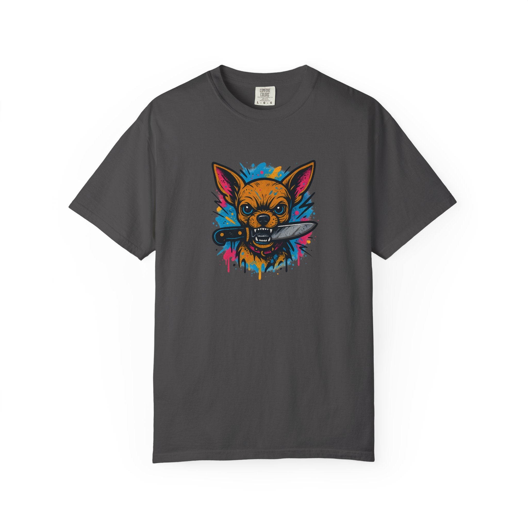 Knife-in-Mouth Chihuahua T-Shirt — Colorful Grunge Fox Graphic Tee
