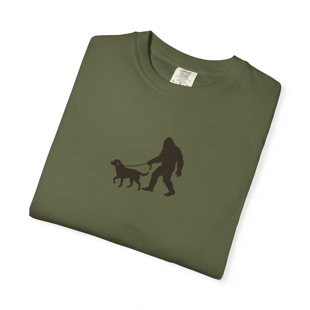 Bigfoot Walking Dog T-Shirt — Sasquatch Silhouette Tee for Cryptid Lovers