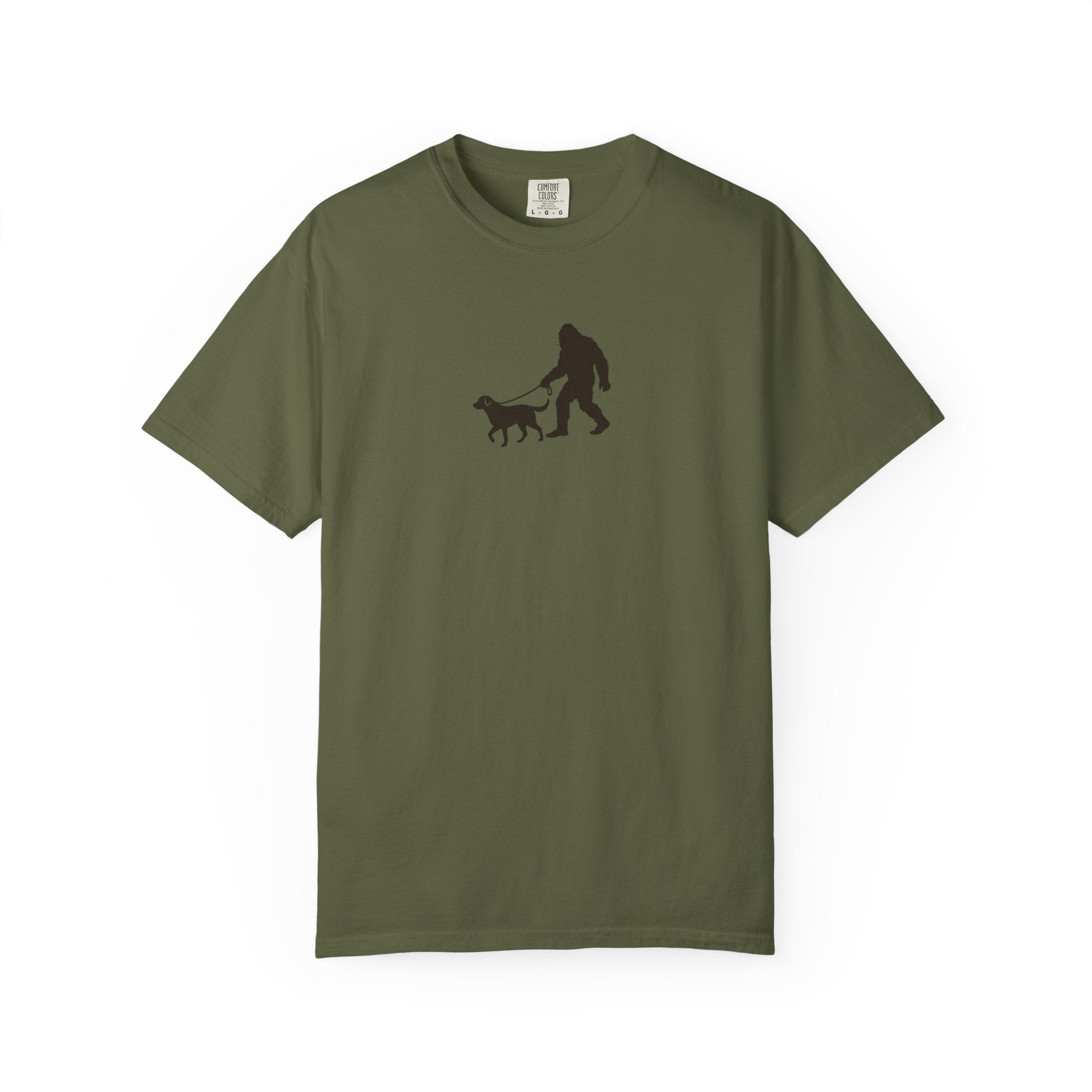 Bigfoot Walking Dog T-Shirt — Sasquatch Silhouette Tee for Cryptid Lovers