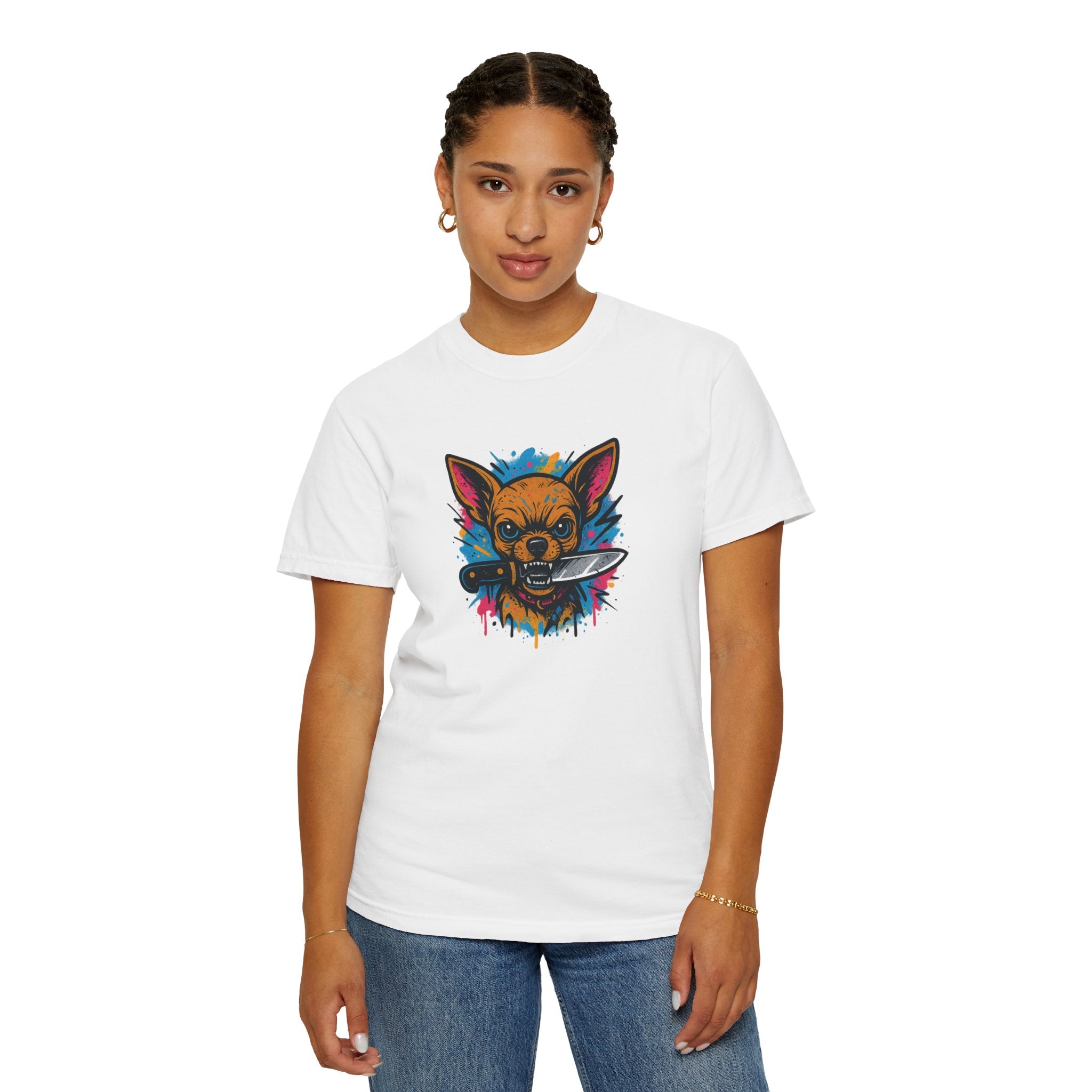 Knife-in-Mouth Chihuahua T-Shirt — Colorful Grunge Fox Graphic Tee